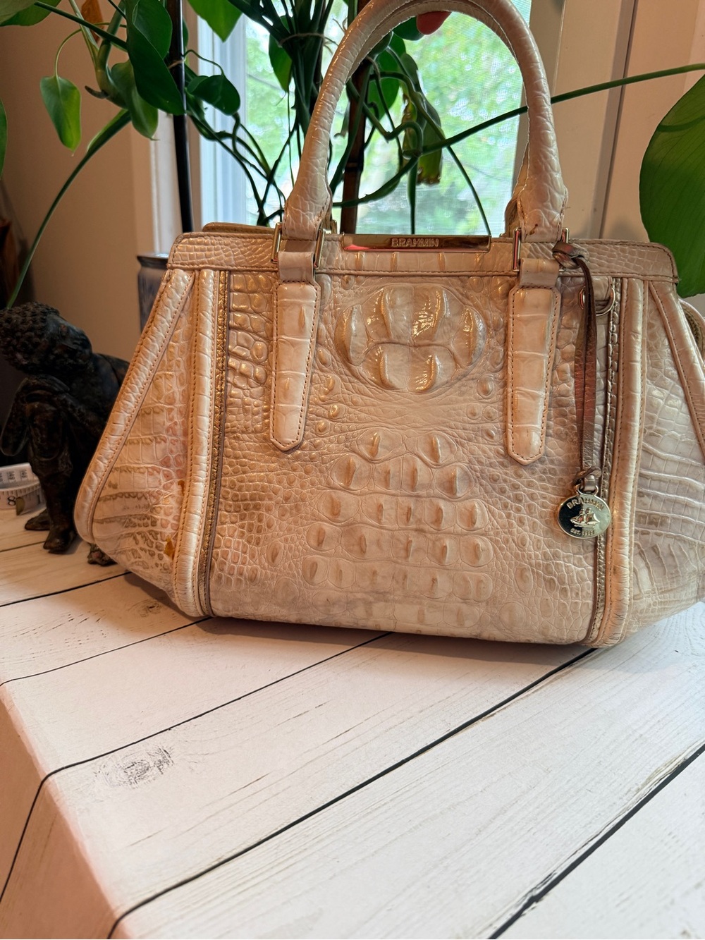 Brahmin Small Finley Melbourne Leather Satchel Bag Champagne Gold Cream